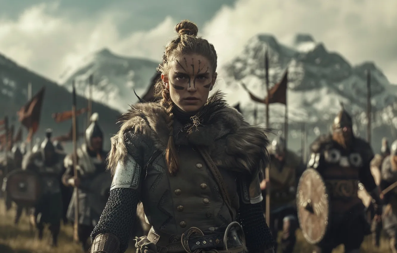 Фото обои девушка, горы, мужчина, копье, щит, воительница, цифровое искусство, Викинги