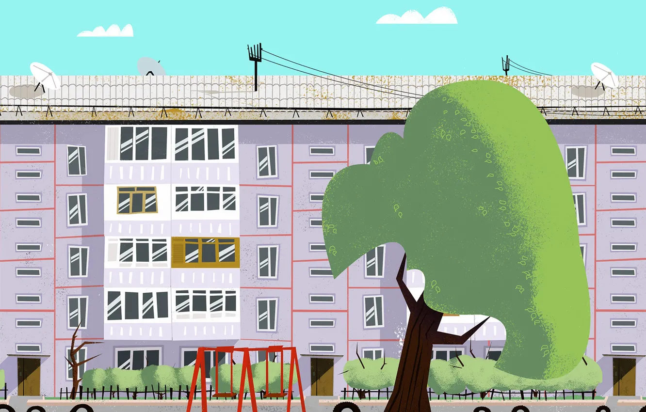 Фото обои Дерево, Город, Дом, Здание, Art, Tree, Cartoon, by Andrey Syailev