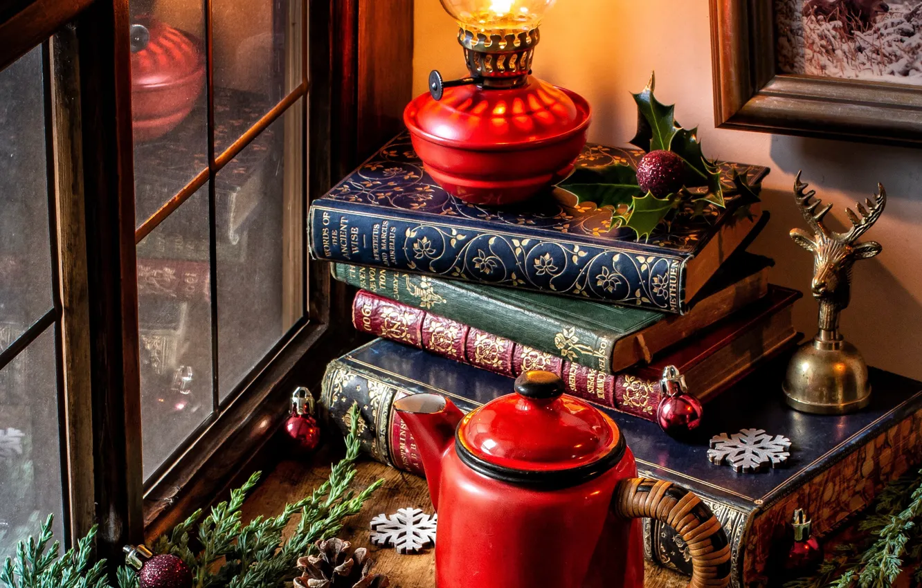 Фото обои шарики, снежинки, ветки, книги, лампа, чайник, окно, Рождество