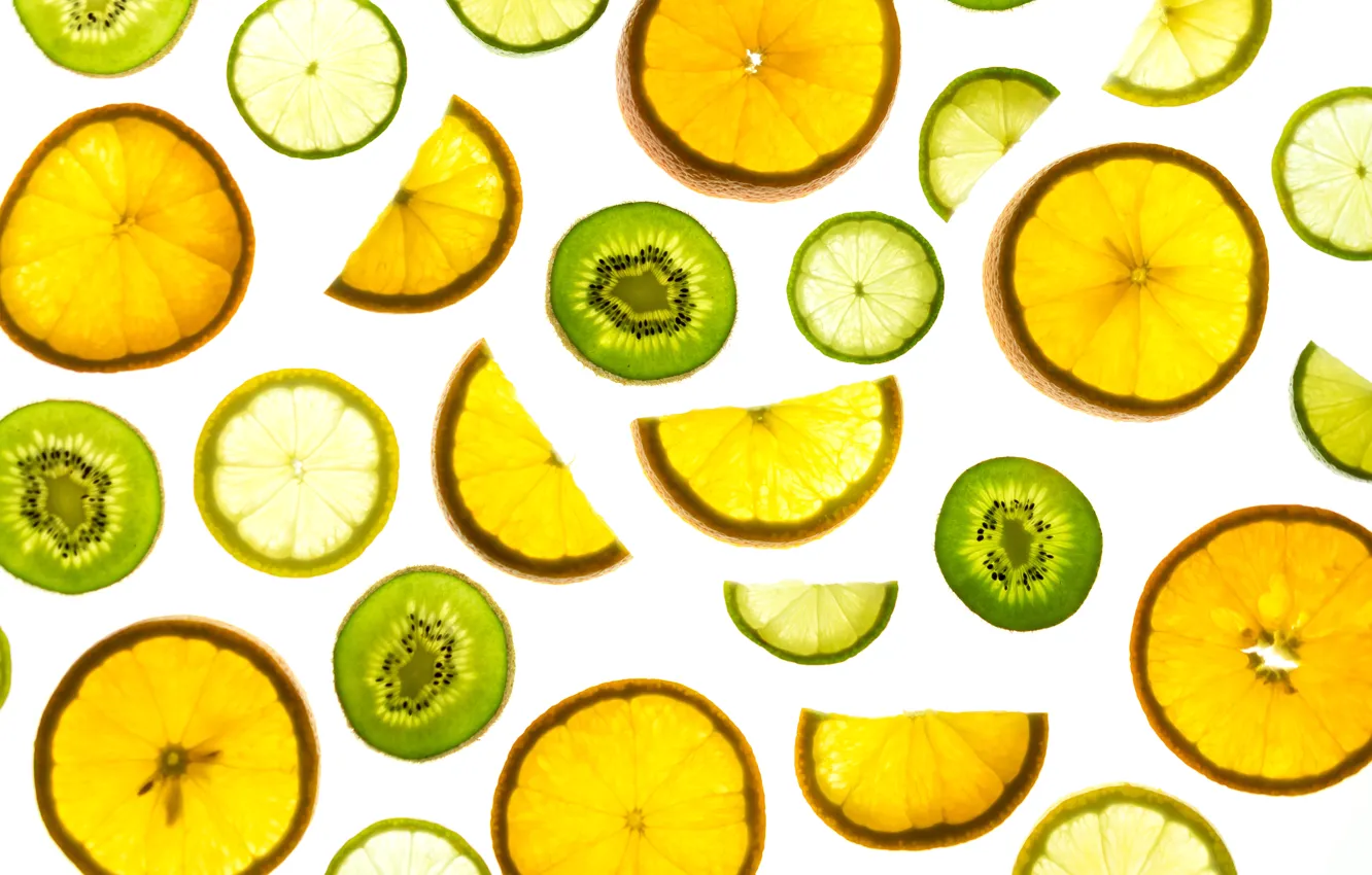 Фото обои белый, фон, лимон, апельсин, киви, цитрус, lemon, фрукты