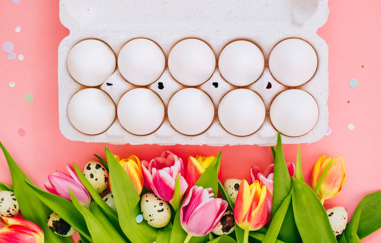 Фото обои праздник, яйца, пасха, тюльпаны