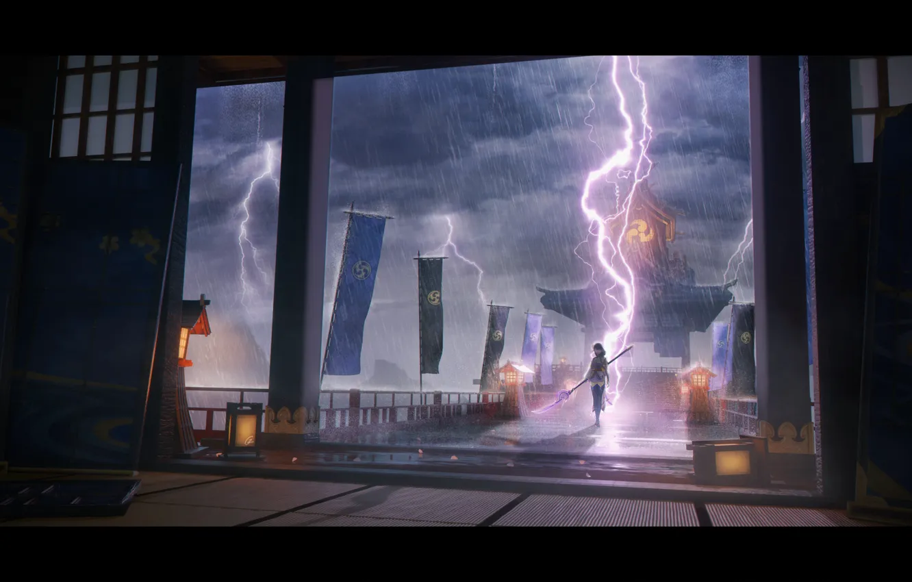 Фото обои девушка, дождь, молния, флаг, фэнтези, Нагината, Genshin Impact, Raiden Shogun