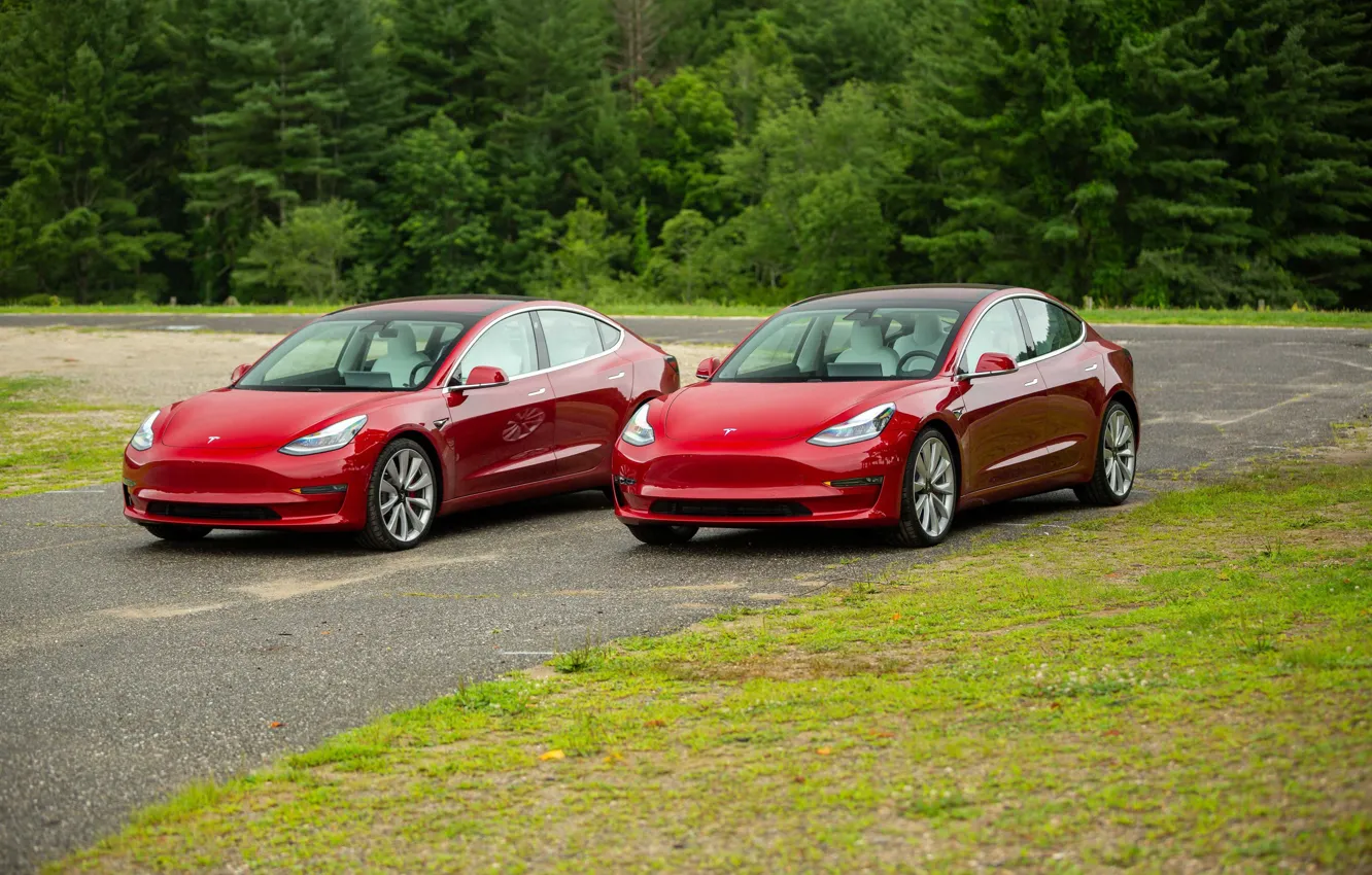 Фото обои Red, Futuristic Car, Электрокар, Tesla Model 3