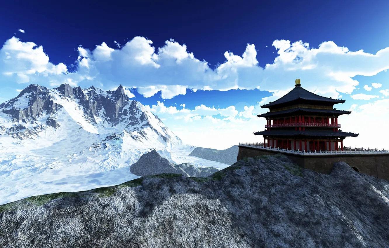 Фото обои облака, горы, камни, азия, непал, тибет, одинокий храм