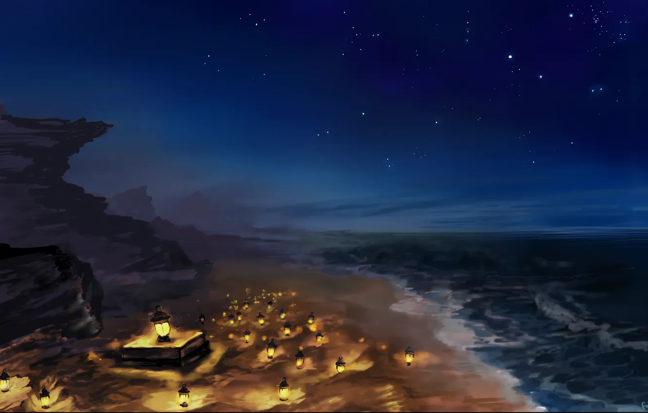 Фото обои море, небо, звезды, свет, ночь, берег, арт, фонари