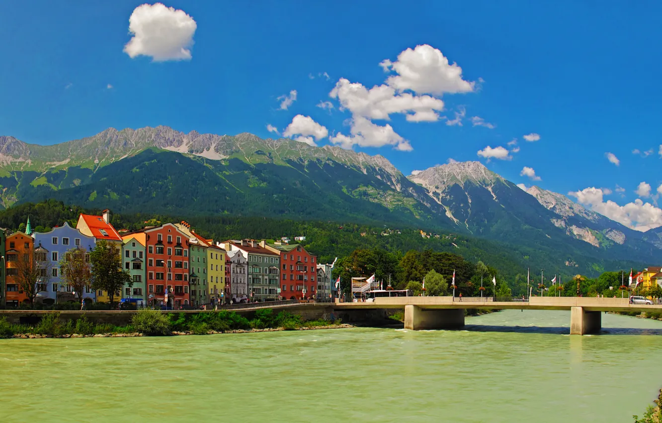 Фото обои небо, горы, мост, город, река, фото, дома, Австрия