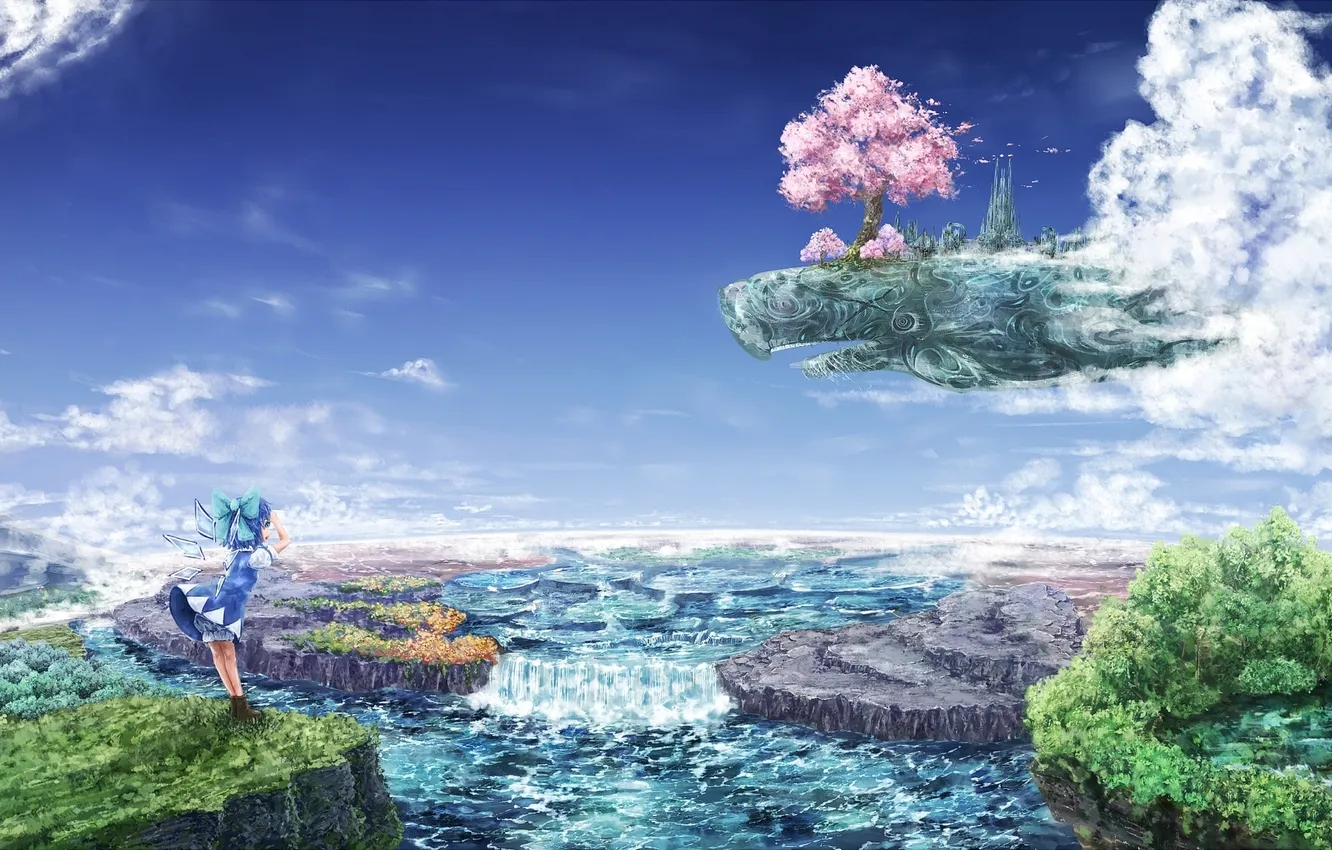Фото обои вода, облака, деревья, природа, дерево, крылья, сакура, арт