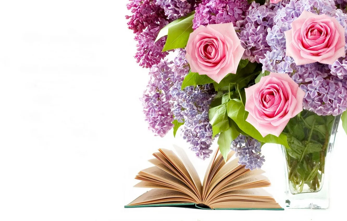 Фото обои цветы, розы, букет, книга, flowers, сирень, book, bouquet