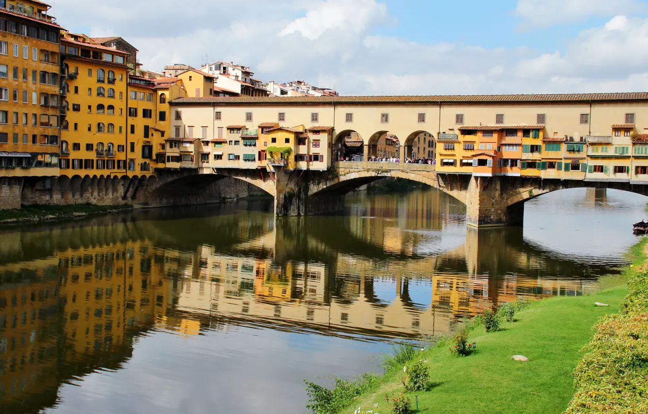 Фото обои мост, город, фото, Италия, Toscana, водный канал, Firenze