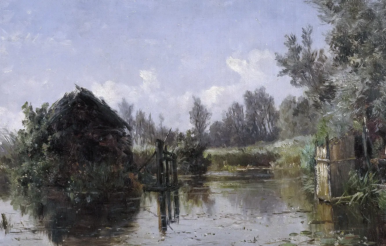Фото обои деревья, пейзаж, картина, домик, Карлос де Хаэс, Озеро во Фрисландии