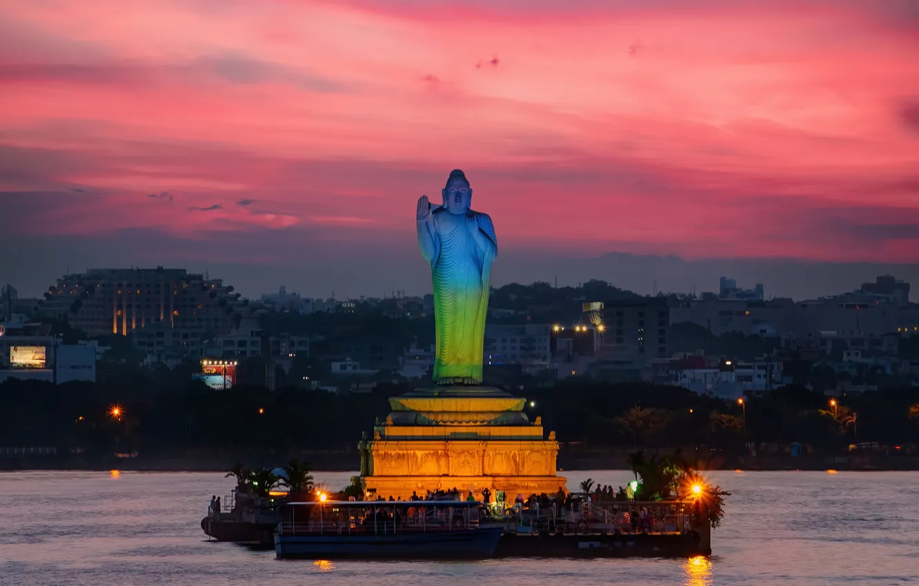 Фото обои Hyderabad, Хайдарабад, Buddha Statue, Telangana, Телангана, Статуя Будды, Hussain Sagar, Хуссейн Сагар