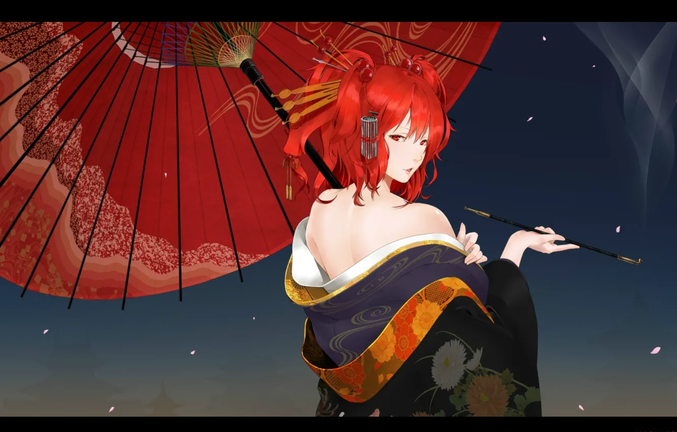 Фото обои лепестки, прическа, гейша, мундштук, кимоно, флирт, красный зонт, красные волосы