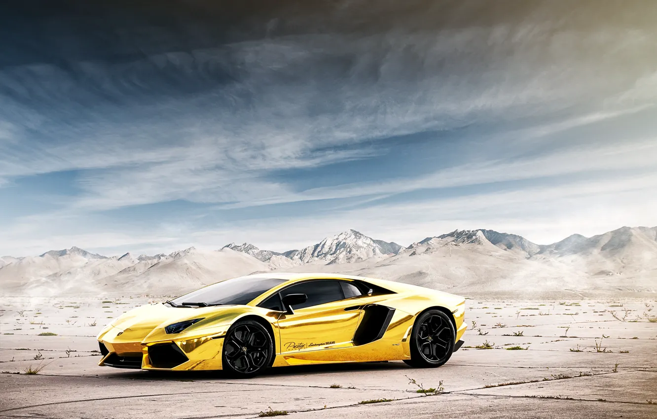 Фото обои небо, горы, отражение, Lamborghini, Ламборджини, Ламборгини, LP700-4, Aventador