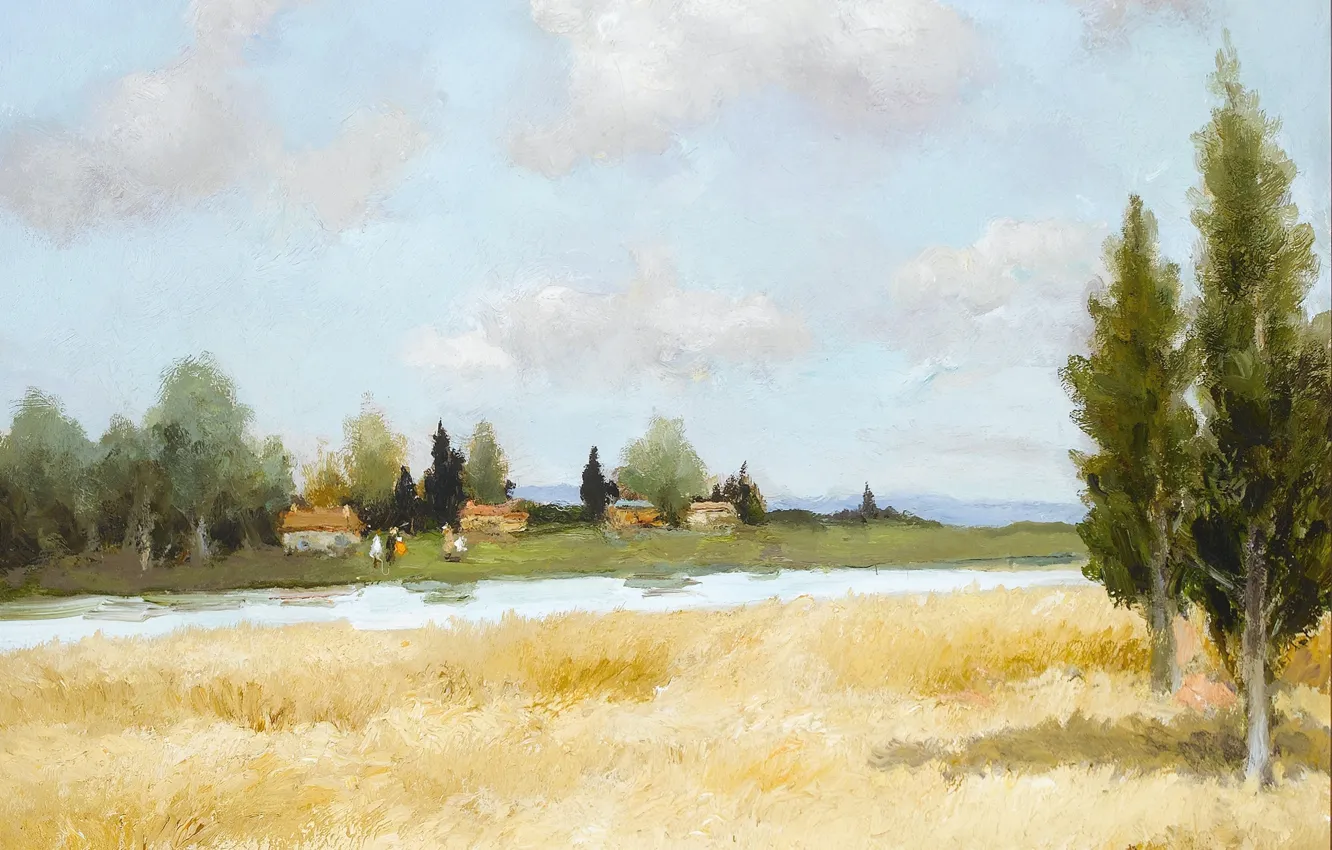 Фото обои поле, деревья, пейзаж, дома, картина, Марсель Диф, Пшеница и река
