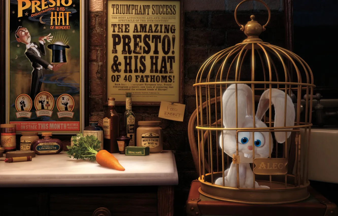 Фото обои заяц, клетка, морковка, pixar, плакаты, presto