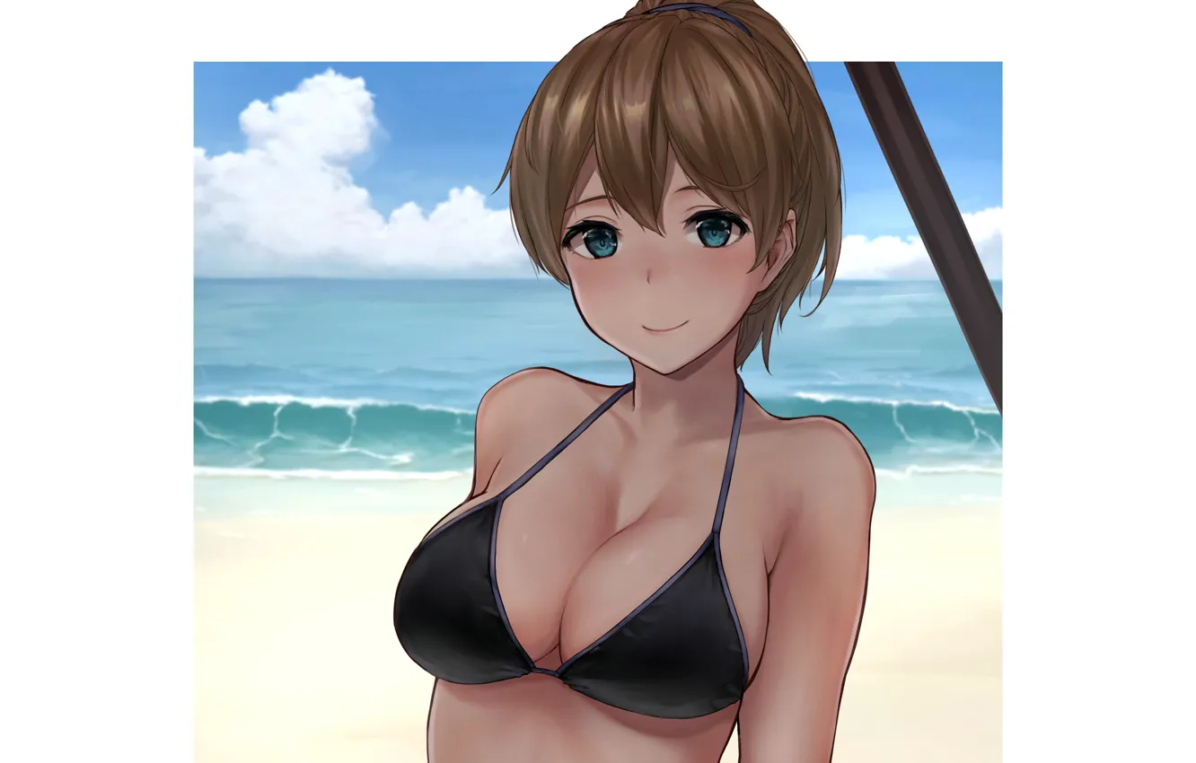 Фото обои girl, sexy, cleavage, beach, sea, brown hair, boobs, anime