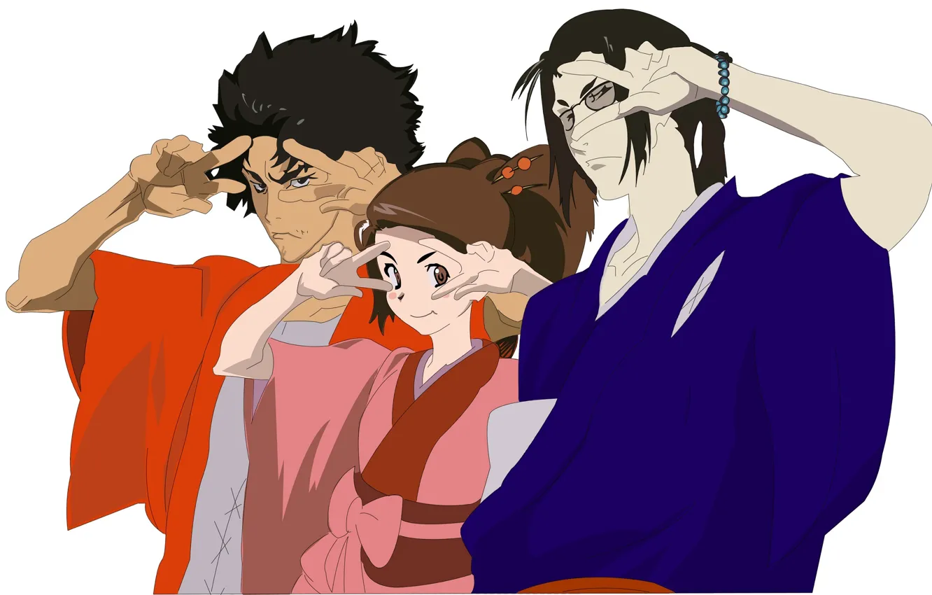 Фото обои очки, кимоно, жест, трое, jin, samurai champloo, fuu, mugen
