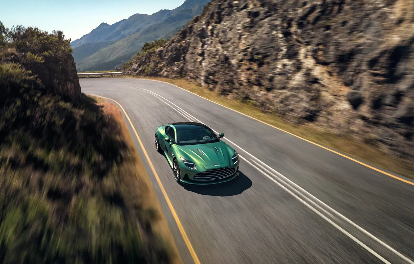 Фото обои дорога, движение, скалы, Aston Martin, скорость, ущелье, суперкар, 2023