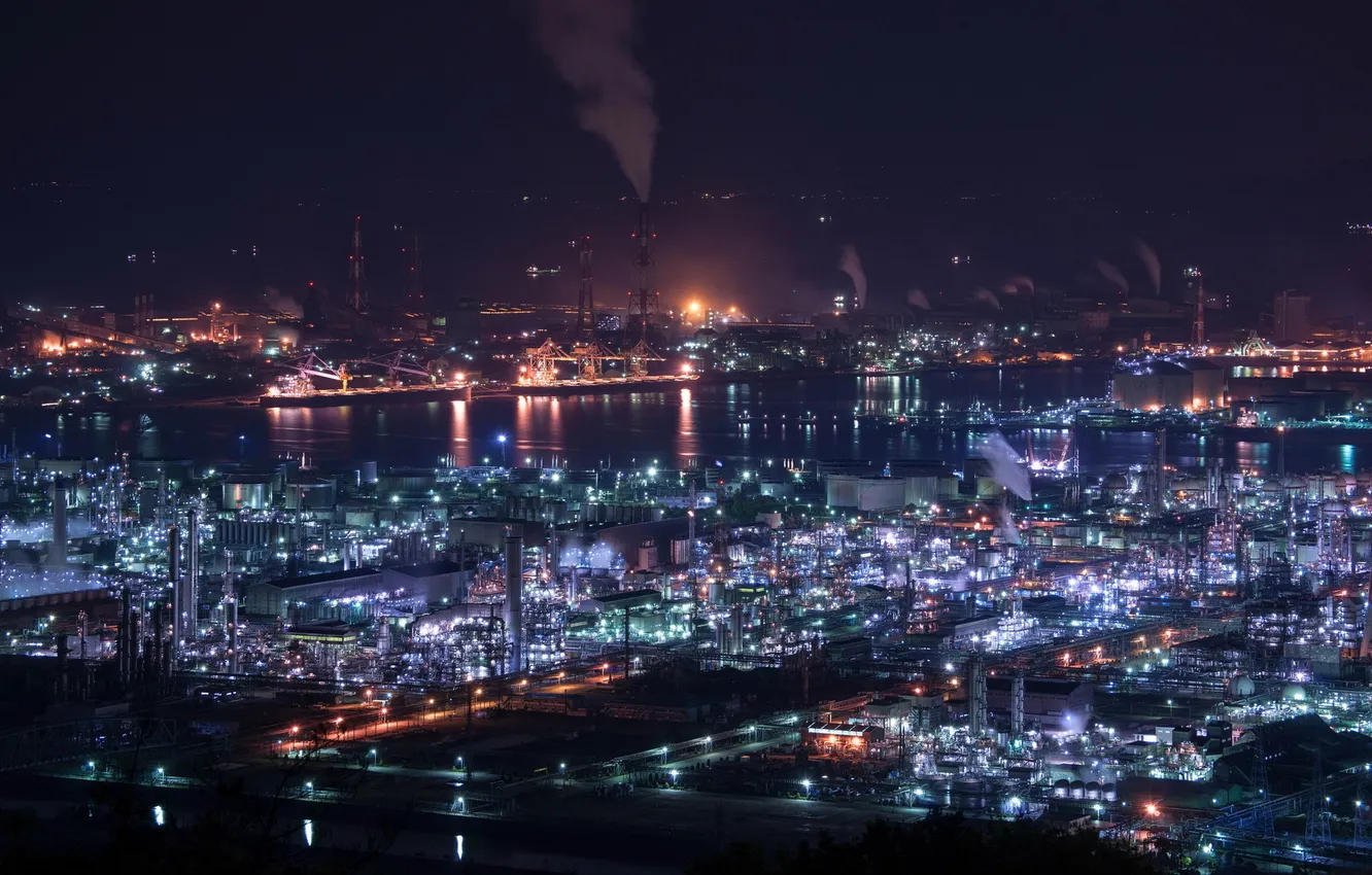 Фото обои Japan, Kurashiki-shi, Factory Lights, Okayama Prefecture