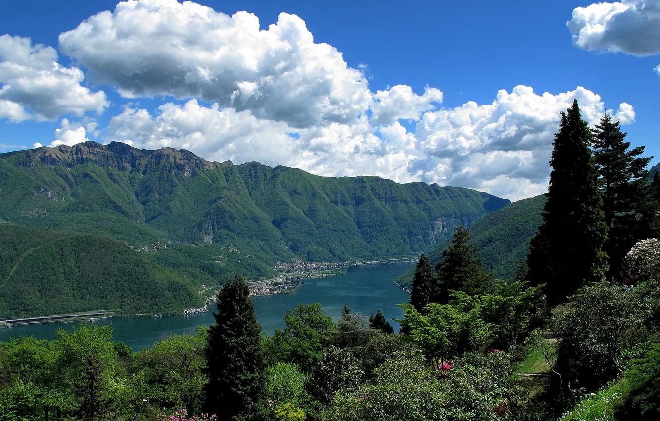 Фото обои горы, парк, Швейцария, Switzerland, Lake Lugano, Ticino, Тичино, озеро Лугано