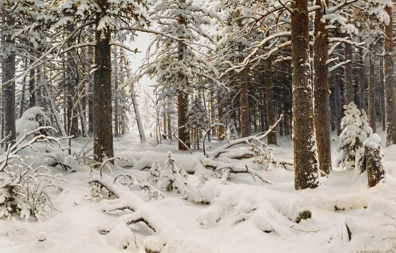 Фото обои зима, лес, снег, деревья, природа, рисунок, Ivan Shishkin