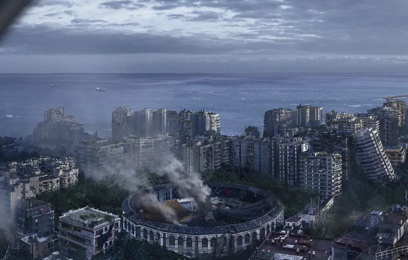 Фото обои море, город, дым, разрушения, Malaga Survival League