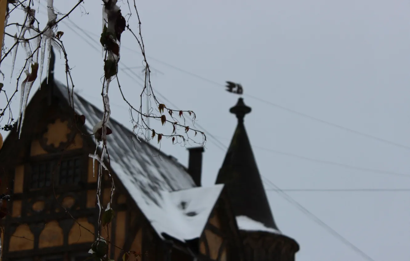 Фото обои Небо, Зима, Дом, Церковь, Серое