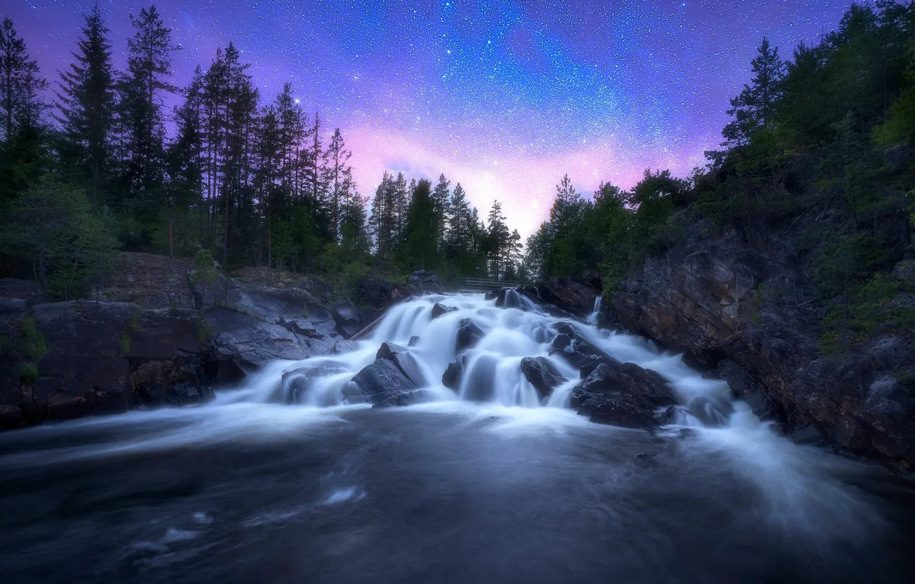 Фото обои деревья, река, камни, водопад, Норвегия, каскад, Norway, звёздное небо