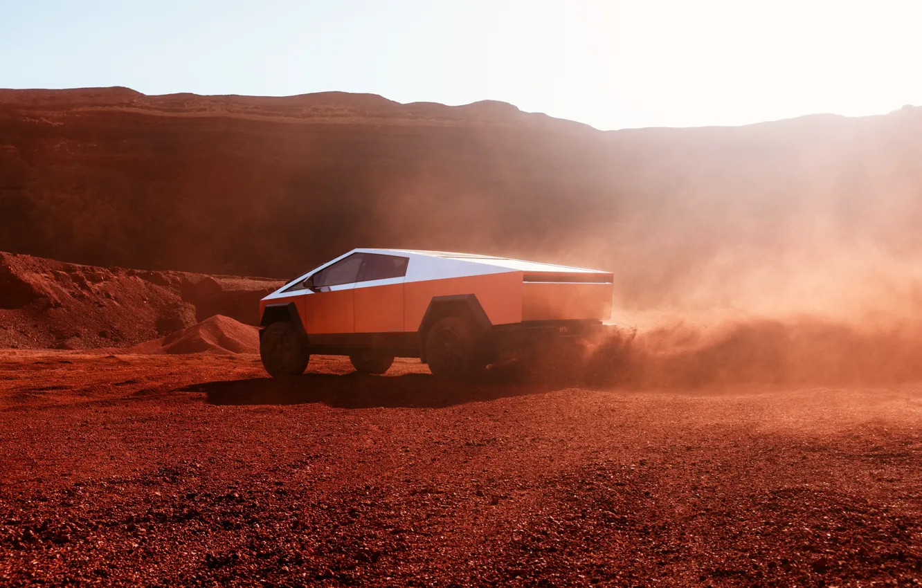 Фото обои dust, Tesla, pickup truck, 2023, Tesla Cybertruck, Cybertruck