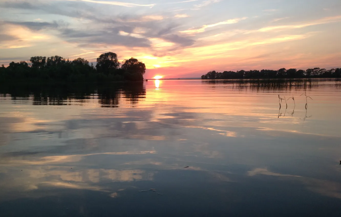 Фото обои закат, река, Вода, небо.