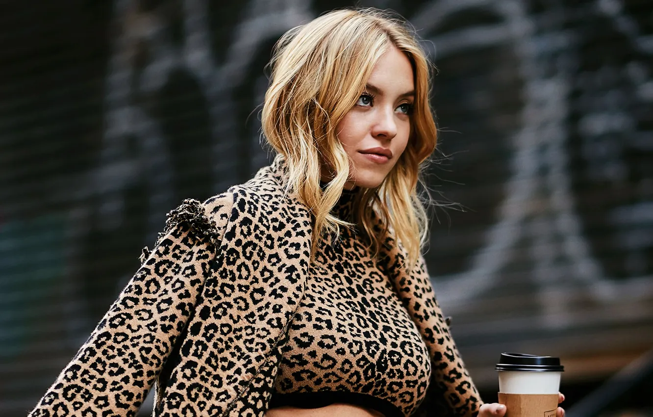 Фото обои взгляд, поза, кофе, макияж, фигура, актриса, причёска, Sydney Sweeney