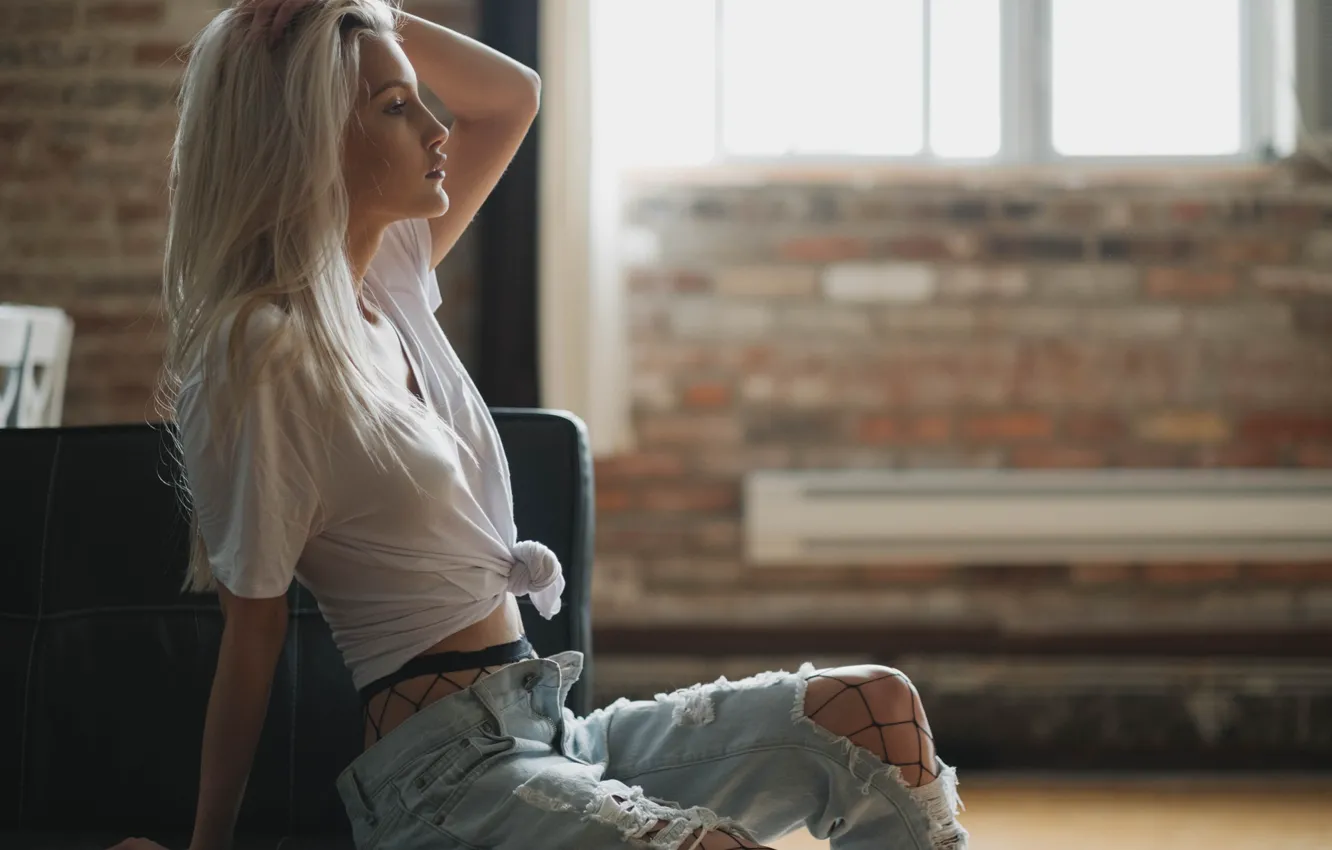 Фото обои women, blonde, sitting, hands in hair, kang lee