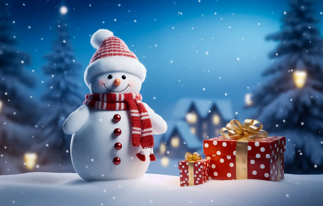 Фото обои зима, снег, Рождество, Новый год, снеговик, Christmas, winter, snow
