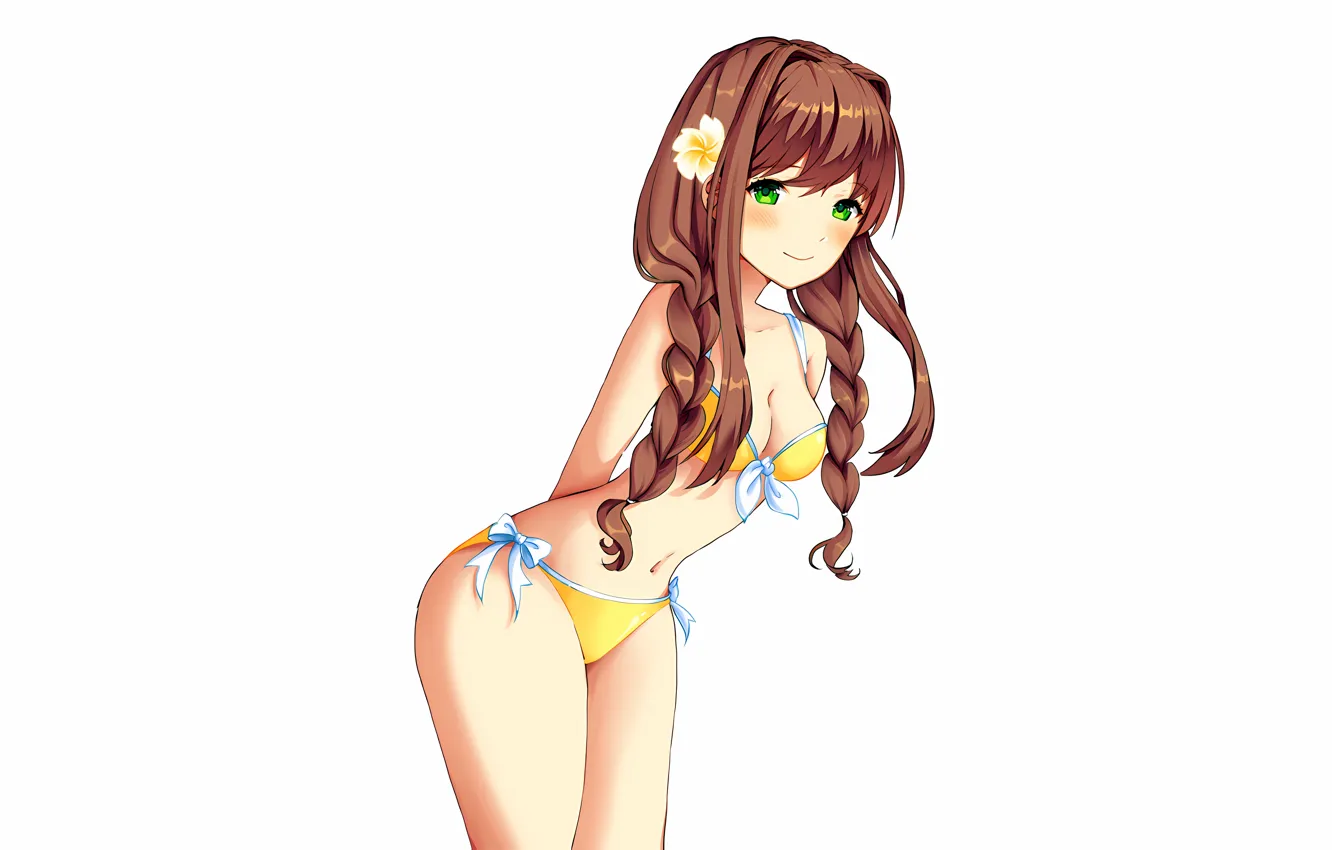 Фото обои girl, sexy, cleavage, green eyes, long hair, brown hair, boobs, anime