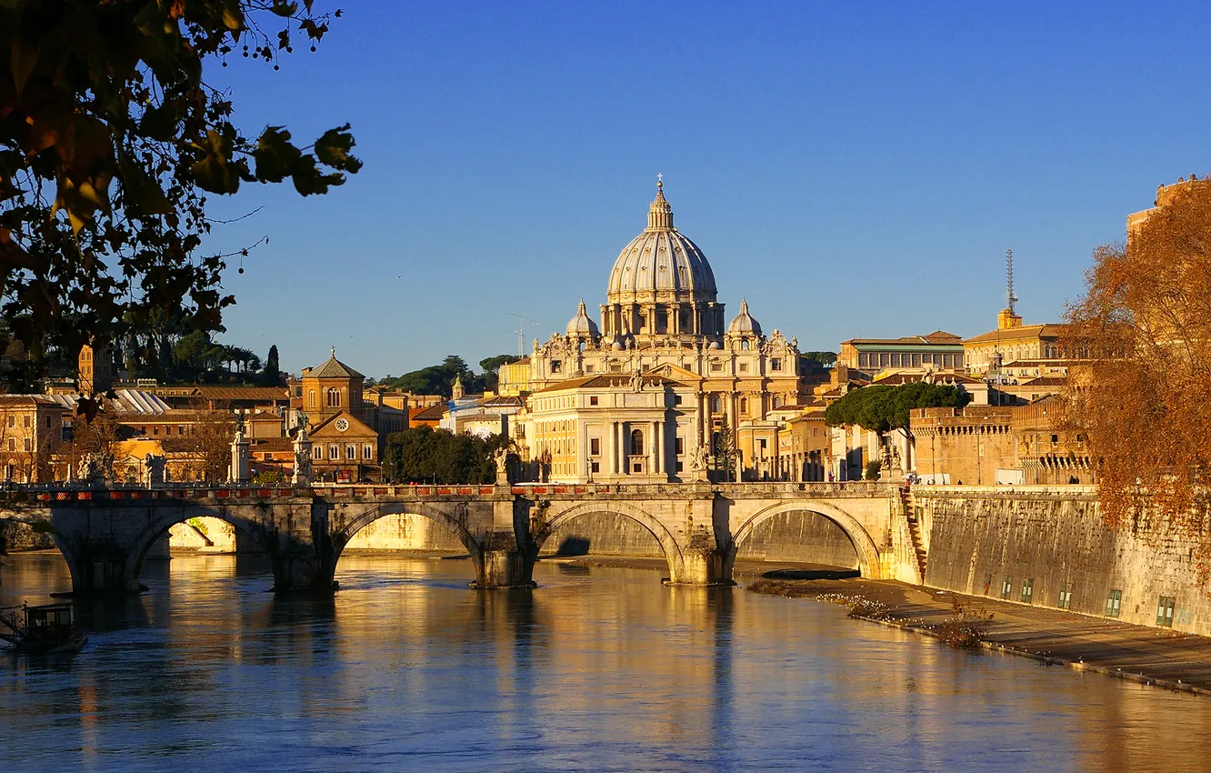 Фото обои небо, мост, река, собор, скульптура, купол, италия, рим