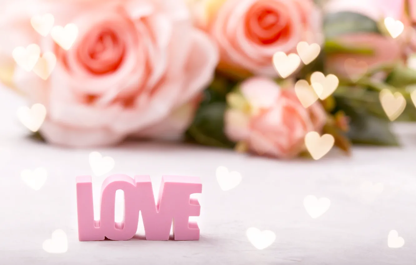 Фото обои фон, надпись, Love, розы, букет, сердечки
