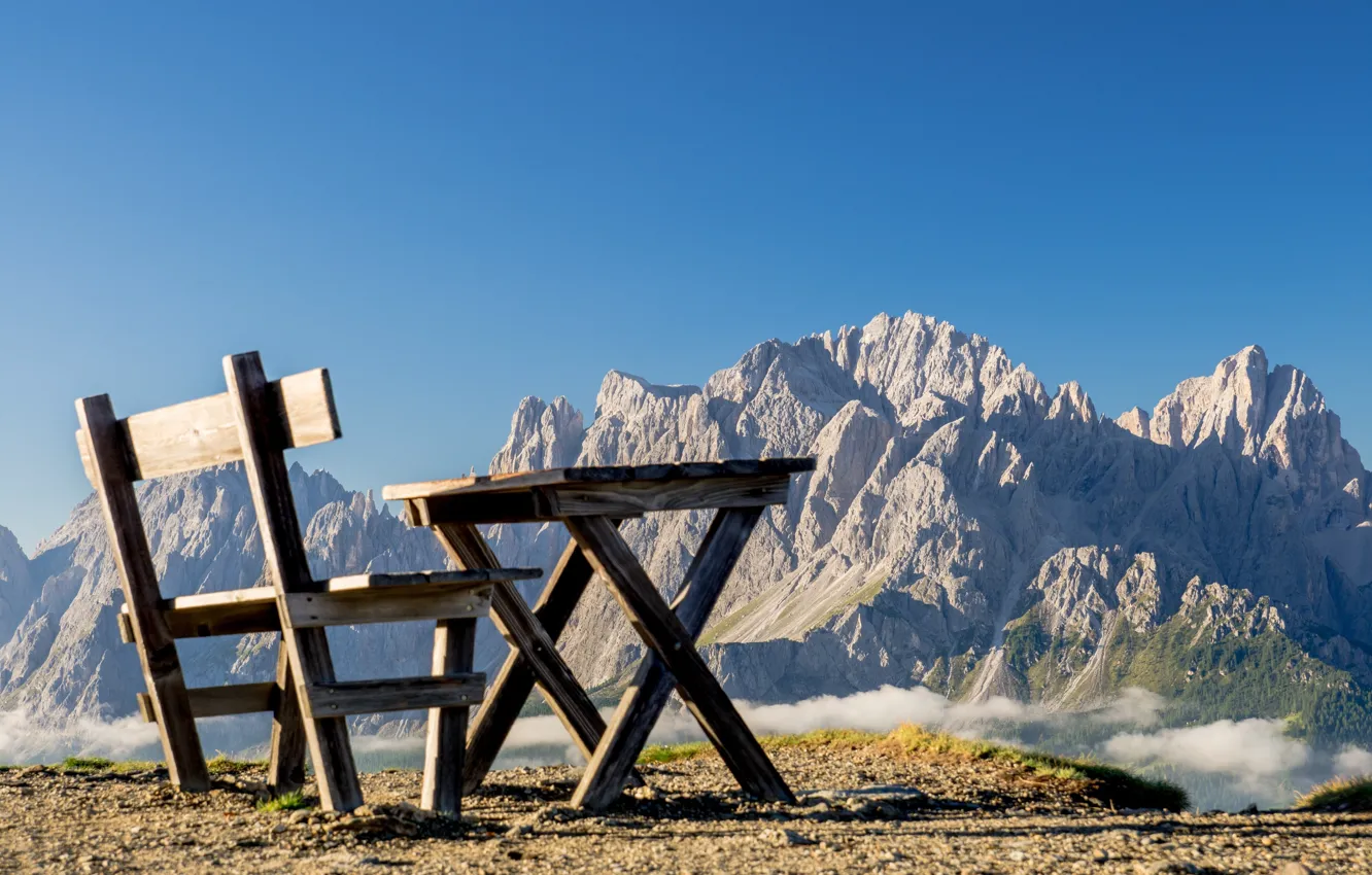 Фото обои горы, стол, релакс, скамья