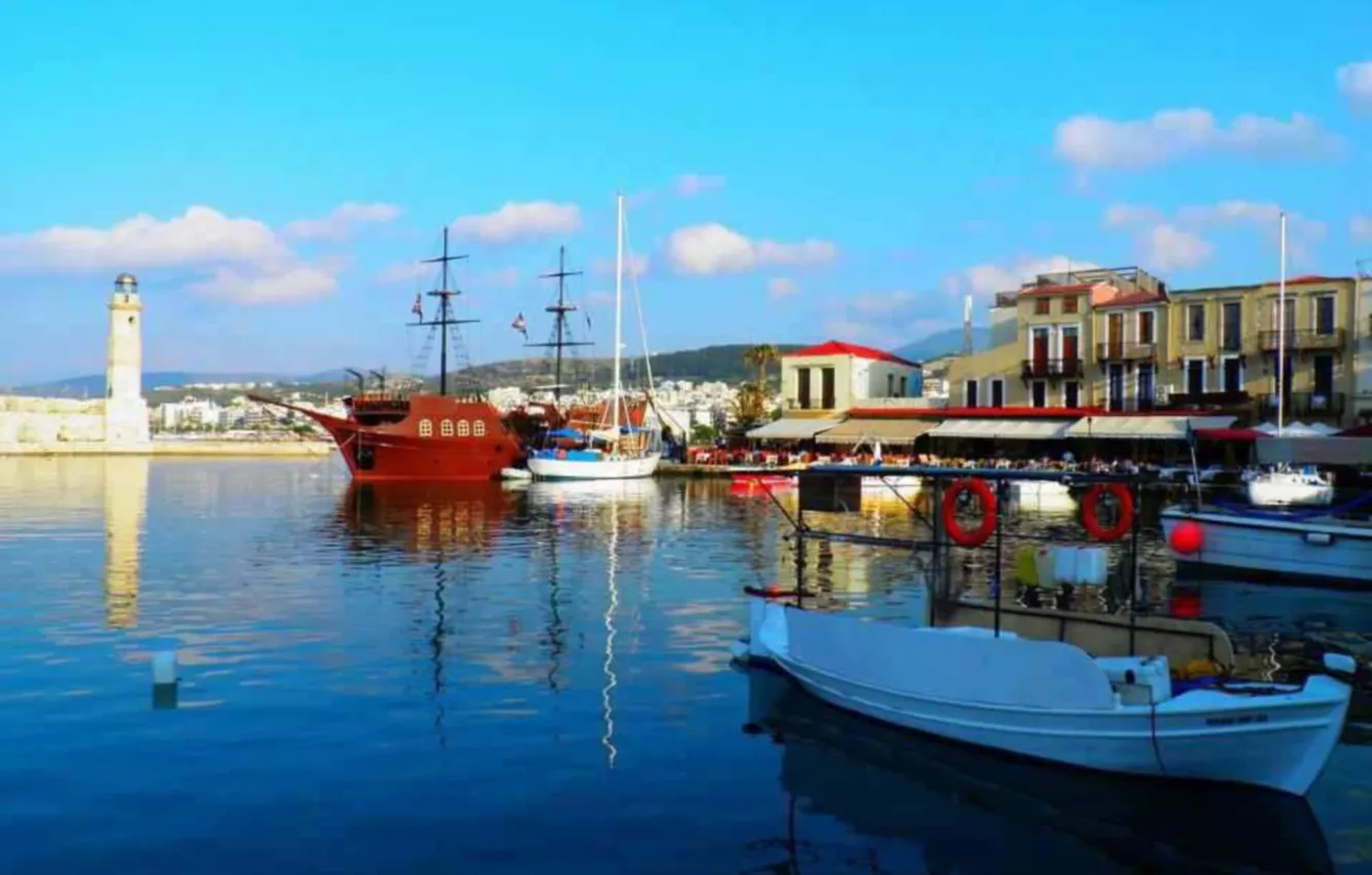 Фото обои берег, порт, греция, greece, pirs, navi, крета, crete