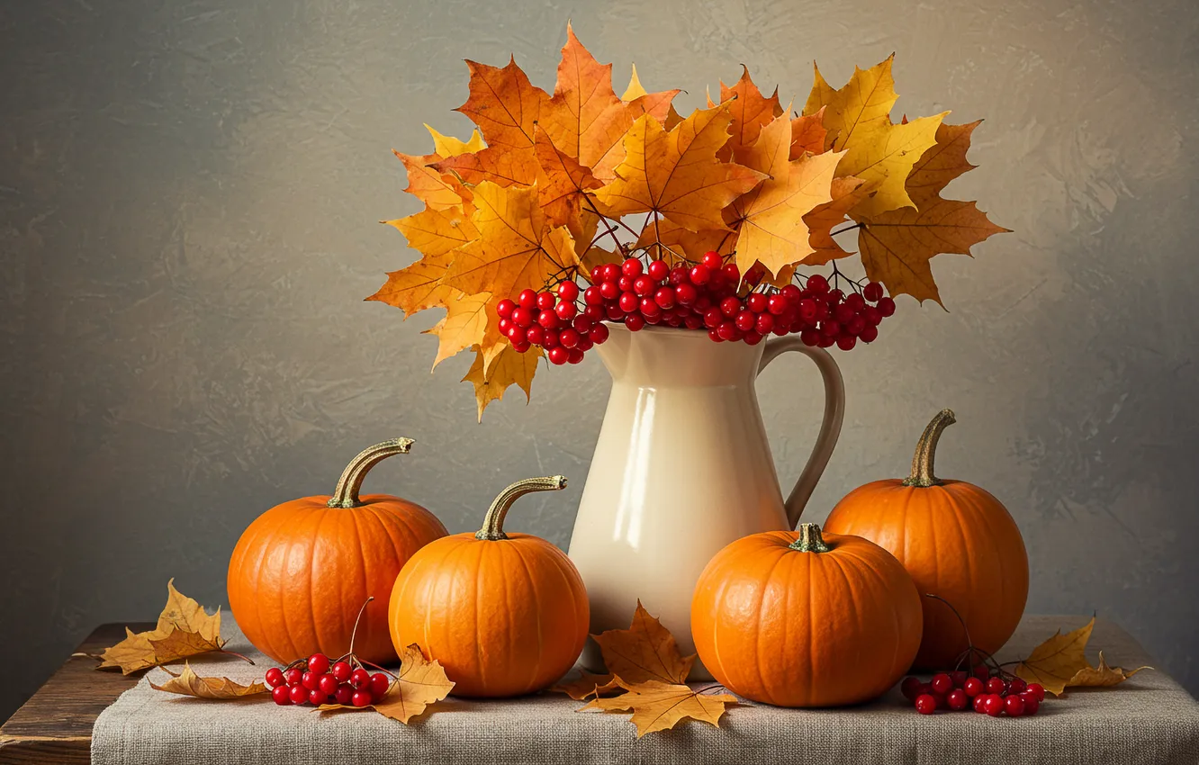 Фото обои осень, листья, арт, тыква, композиция