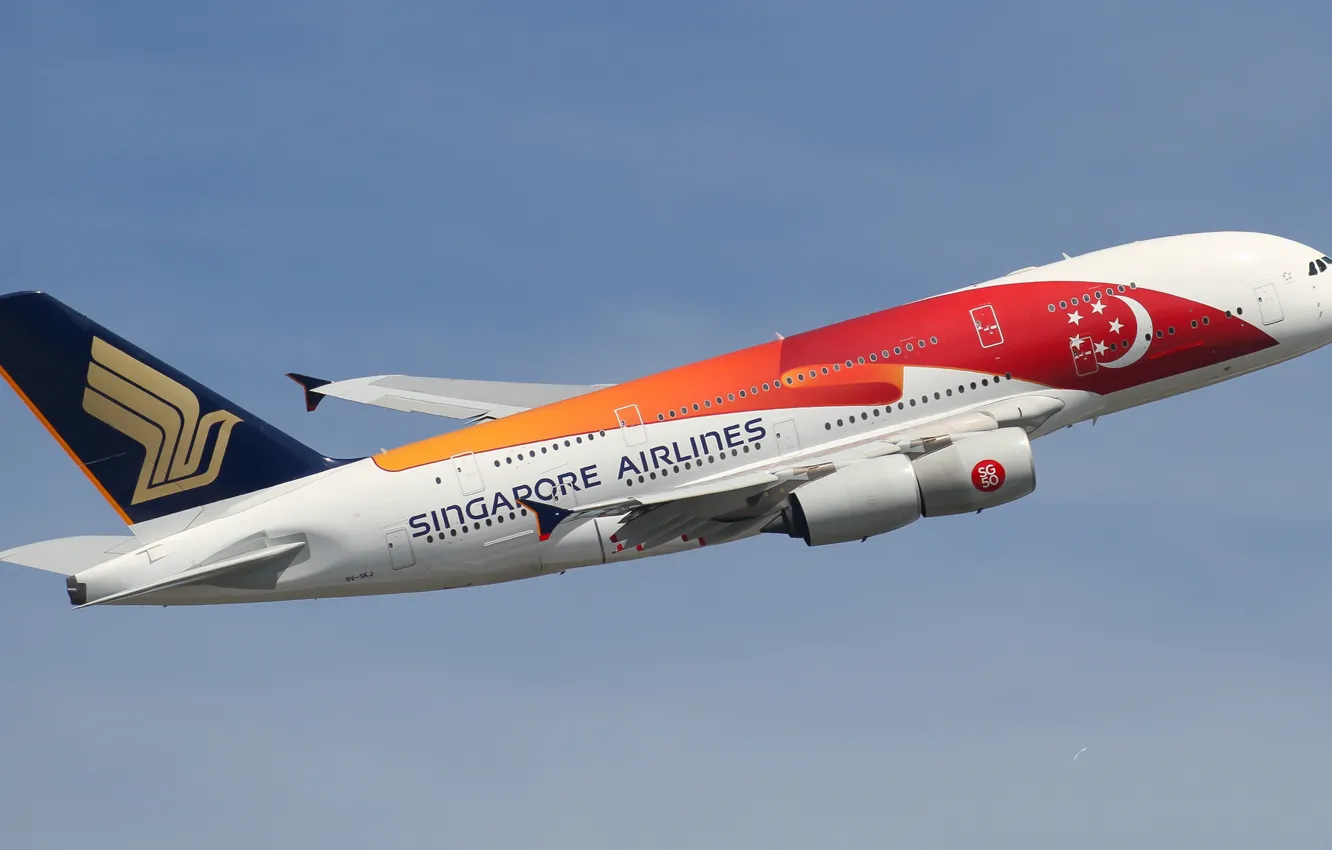 Фото обои самолёт, летит, пассажирский самолёт, красная полоса