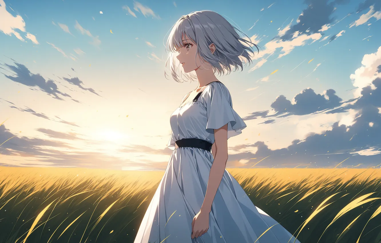 Фото обои поле, девушка, солнце, аниме, girl, field, woman, anime