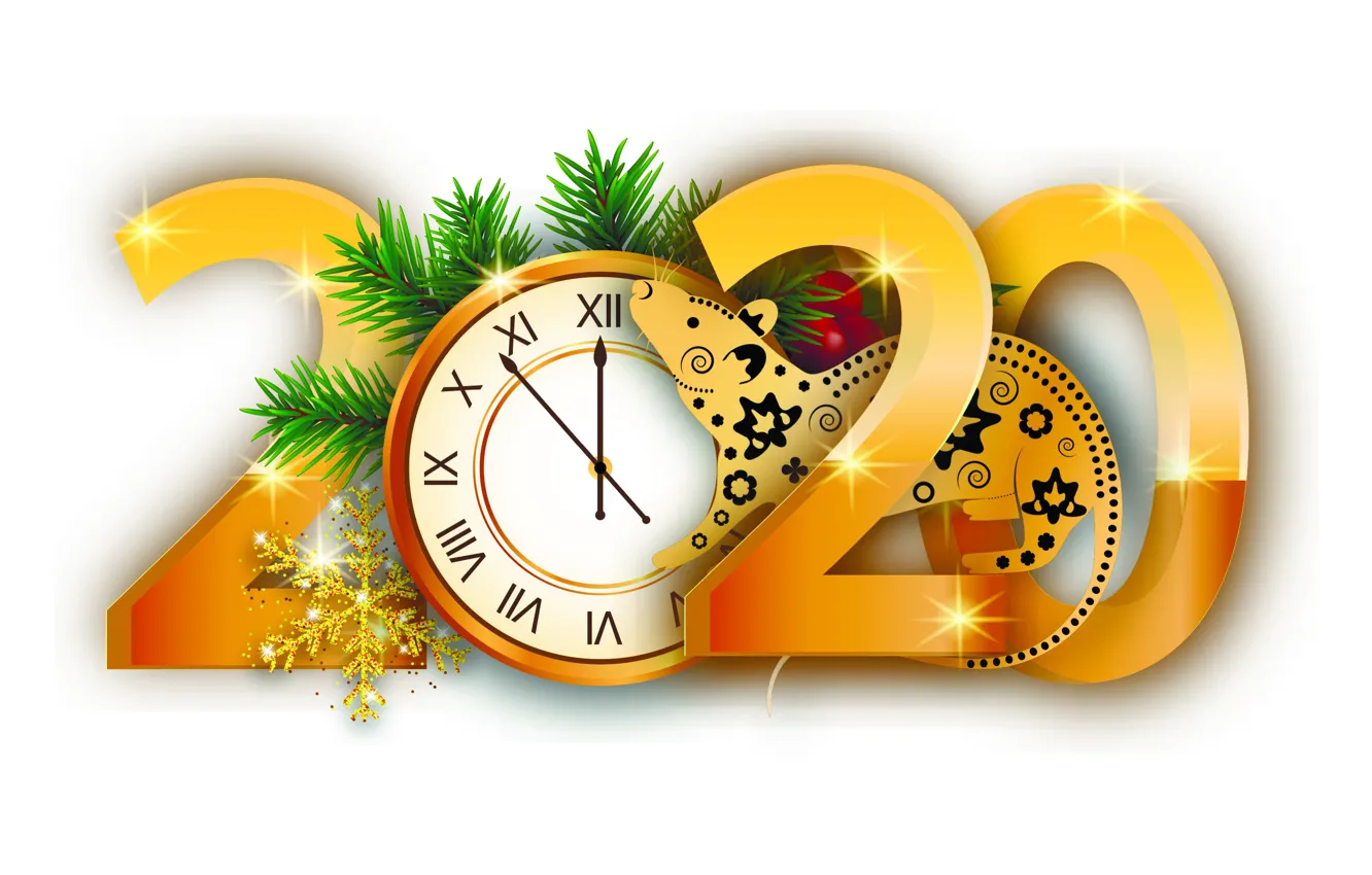 Фото обои цифры, белый фон, Новый год, символ, циферблат, крыса, 2020