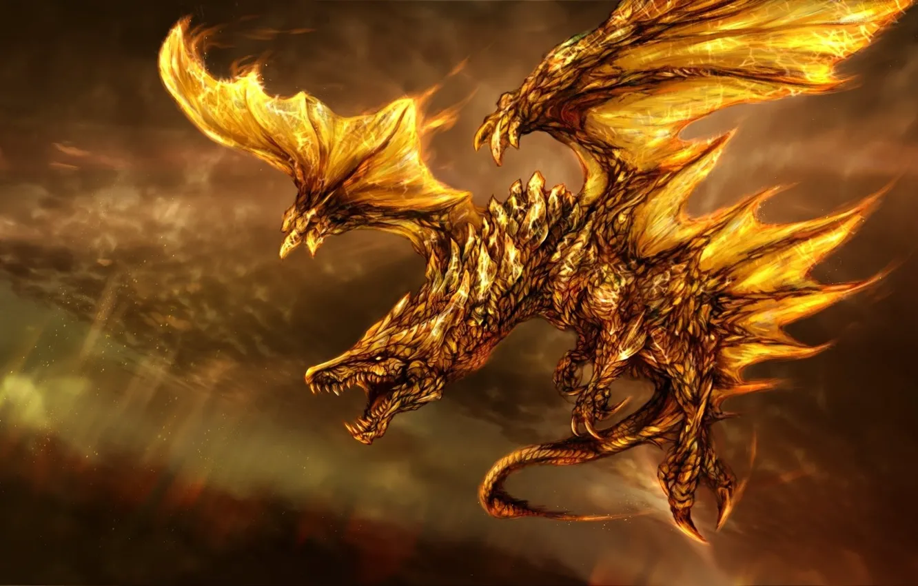 Фото обои фантастика, огонь, дракон, крылья, арт