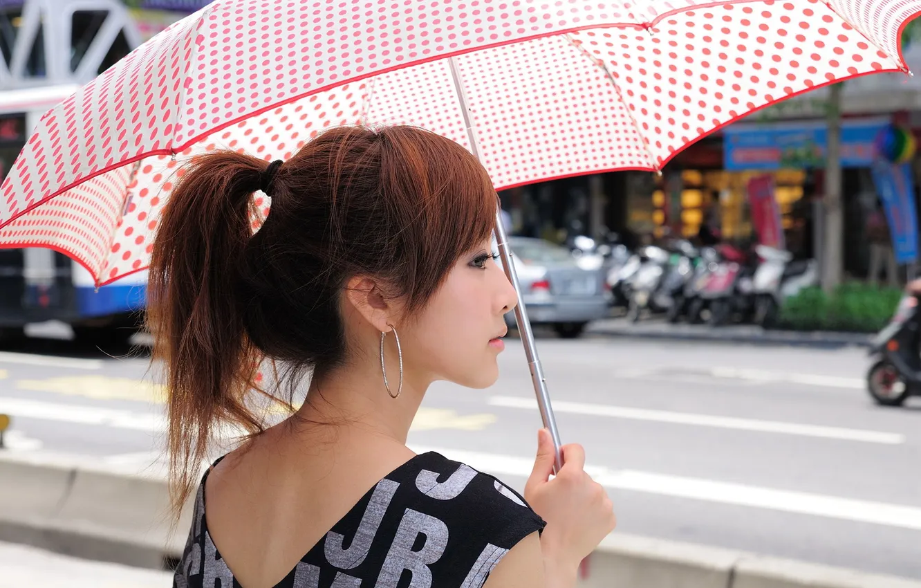 Фото обои девушка, обои, серьги, зонт, азиатка
