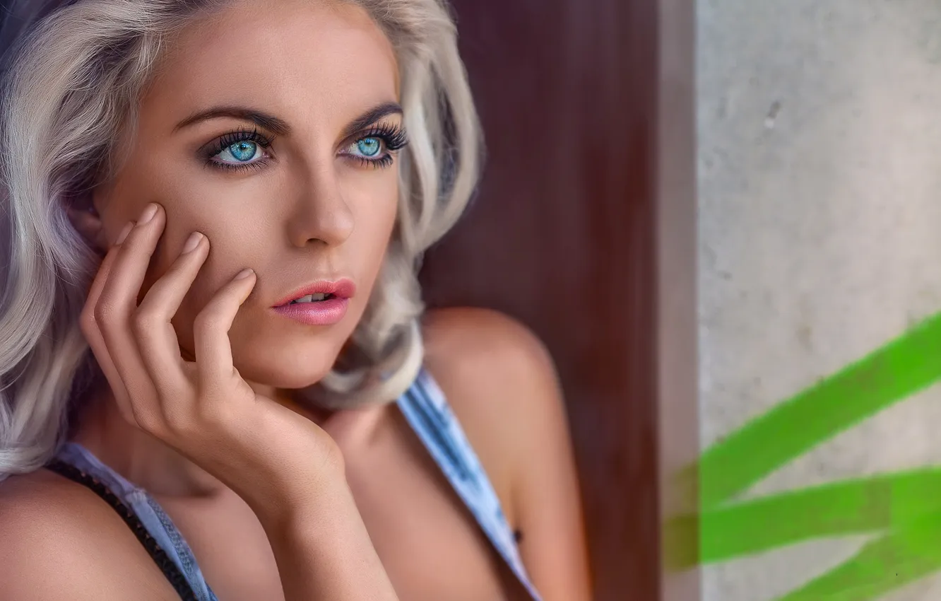 Фото обои взгляд, лицо, волосы, портрет, руки, блондинка, голубые глаза
