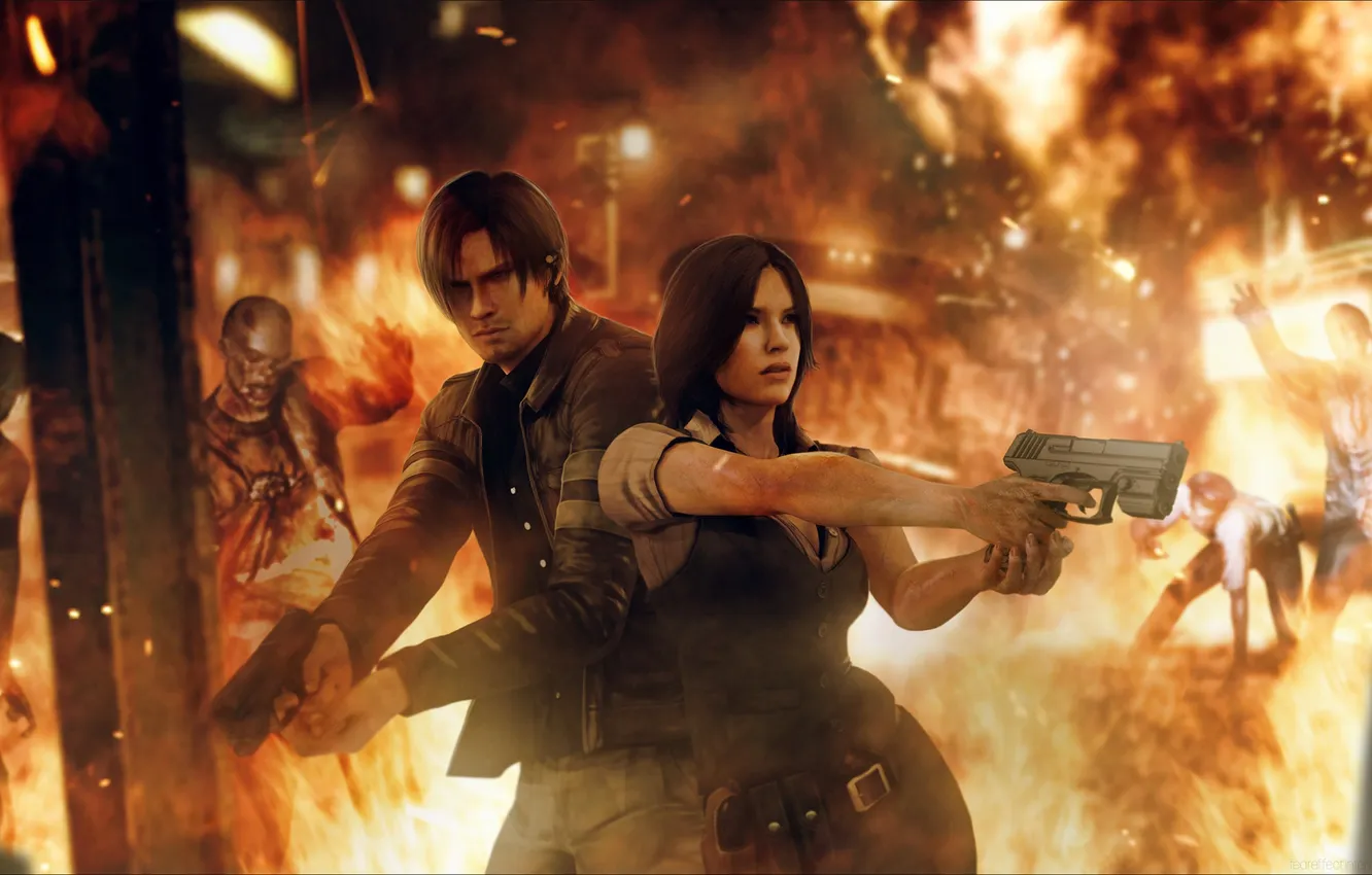 Фото обои огонь, пистолеты, fan art, Leon Scott Kennedy, Helena Harper, resident evil 6, Leon S. Kennedy