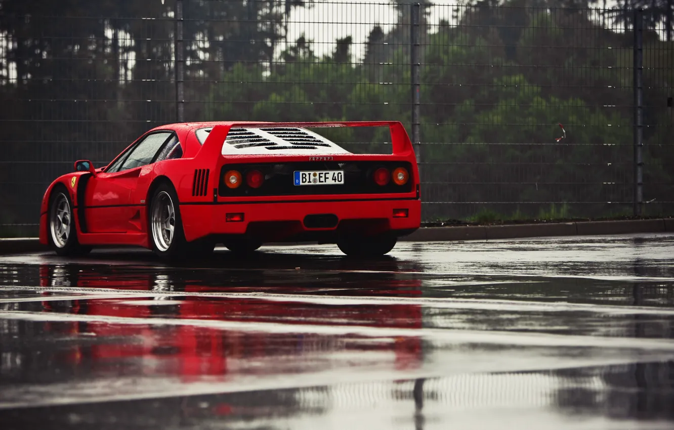 Фото обои Red, F40, Rear view, Puddles