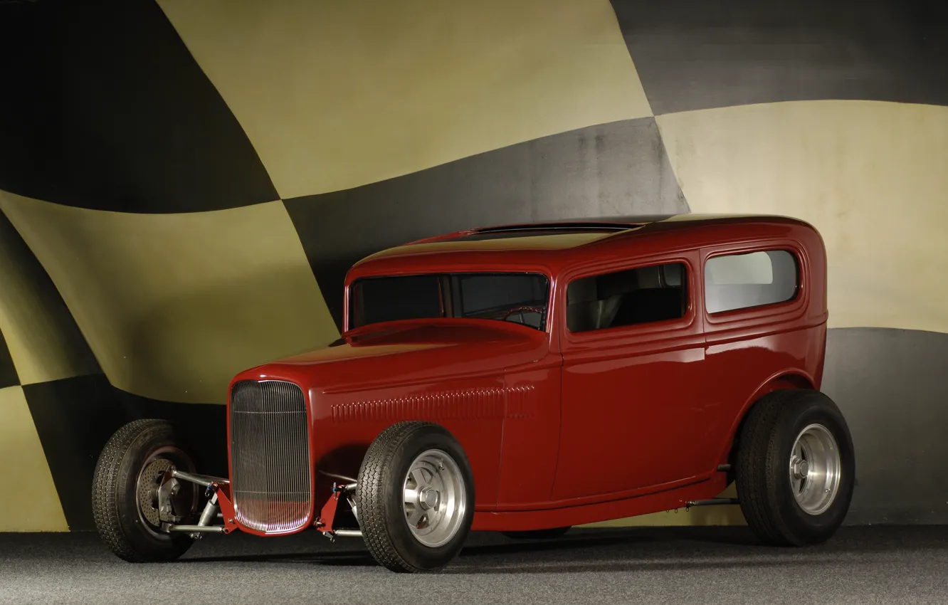 Фото обои Ford, флаг, Форд, ракурс, 1932, Sedan, Custom, Buttera-Bradley
