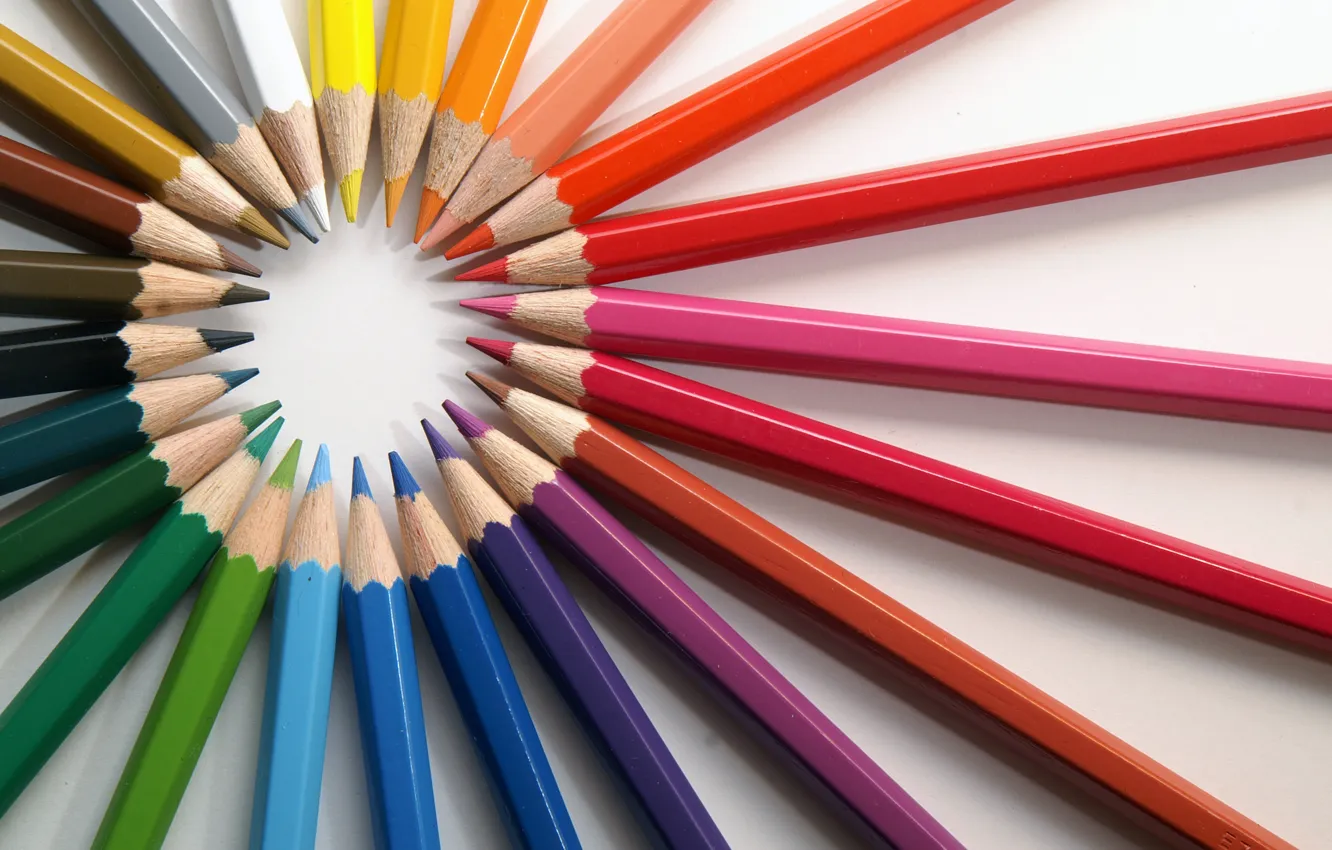 Фото обои цвета, краски, радуга, карандаши, белый фон