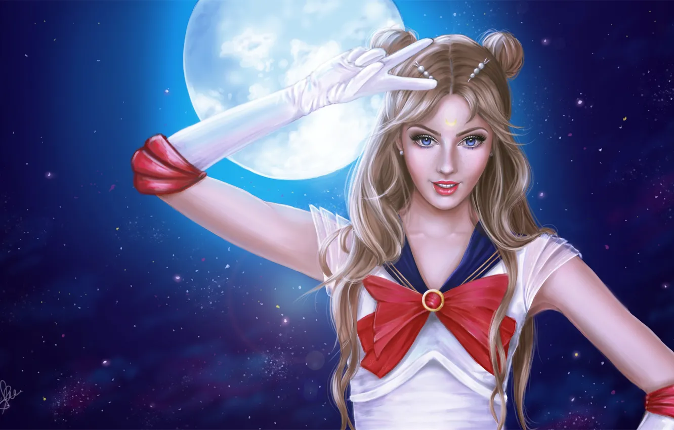 Фото обои взгляд, девушка, ночь, луна, аниме, арт, костюм, Sailor moon